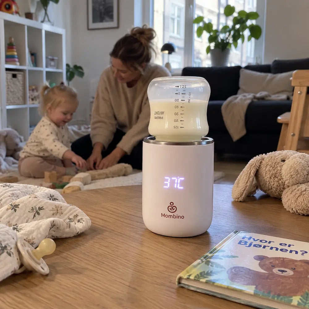 Mombino HeatGo bærbar flaskevarmer i hjemmet med mor og barn